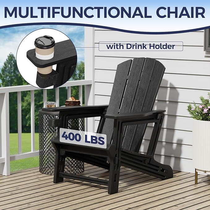 Adirondack Chair Set of 2, Plastic Adirondack Chairs, Outdoor Weather Resistant Lawn Furniture, Fire Pit Chair with Cup Holder for Garden Patio Without Screws Install, 400 LBS Capacity, Black