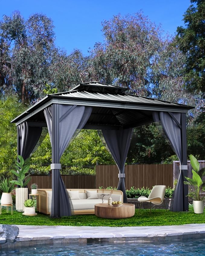 12x12 Ft Hardtop Gazebos with Heavy Duty Double Roof, Nettings and Curtains Galvanized Steel Outdoor Gazebos for Patio, Backyard, Deck, Lawn (Gray)