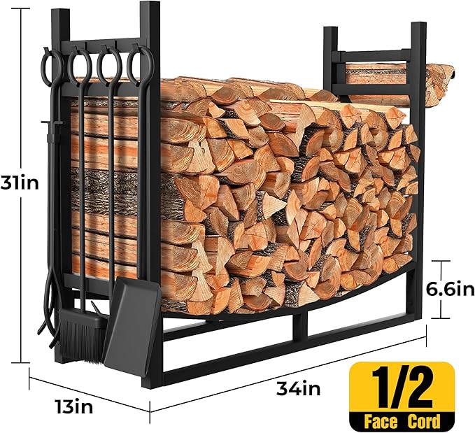 AMAGABELI GARDEN & HOME 30.7in Large Firewood Rack With Fireplace Tools Set Wrought Iron Indoor Outdoor Kindling Log Holder Heavy Duty Wide Wood Storage Log Rack Accessories Shovel Poker Tongs Broom