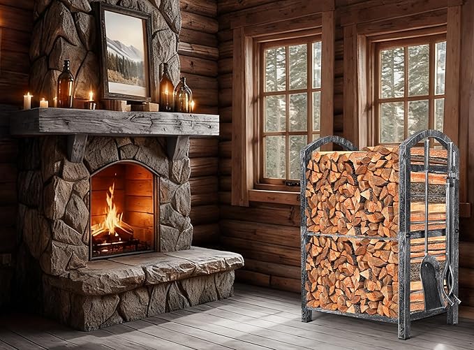 AMAGABELI GARDEN & HOME Firewood Rack Indoor with Tools 5-Piece Fireplace Tools Set Wood Holder Outdoor Wrought Iron Heavy Duty Firewood Storage Rack for Fireplace,Fire Pit,Wood Stove Antique Silver