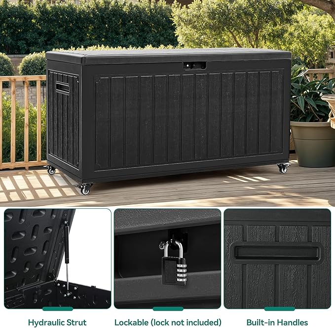 YITAHOME 90 Gallon Outdoor Storage Box with 6 Wheels, Large Double-Wall Resin Deck Box, Lockable Waterproof Outside Storage for Patio Furniture, Cushion, Pool Float, Garden Tool, Black