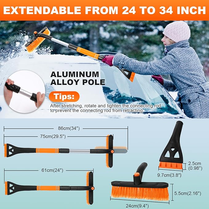 34" Extendable Ice Scrapers for Car Windshield 2-in-1 Snow Brush for Car Snow Scraper for Car Snow Scraper and Drush with Ergonomic Foam Grip for Cars, Trucks, SUV with 360° Pivoting Brush Head Orange