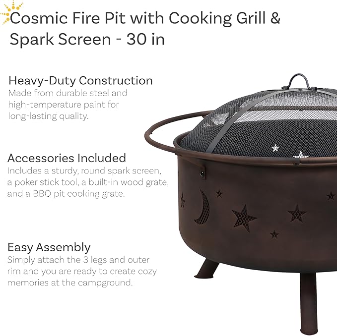 Sunnydaze Cosmic 30-Inch Outdoor Fire Pit - Wood Burning Fire Pit with Cooking BBQ Grill Grate, Spark Screen, and Fireplace Poker - Celestial Design