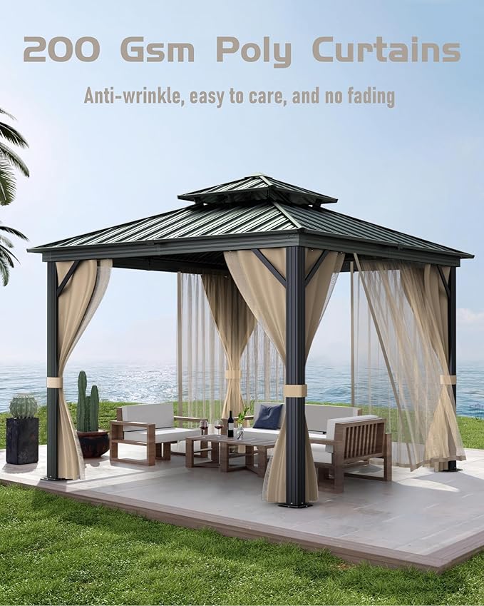 10x10 Ft Hardtop Gazebos with Heavy Duty Double Roof, Nettings and Curtains Galvanized Steel Outdoor Gazebos for Patio, Backyard, Deck, Lawn (Brown)