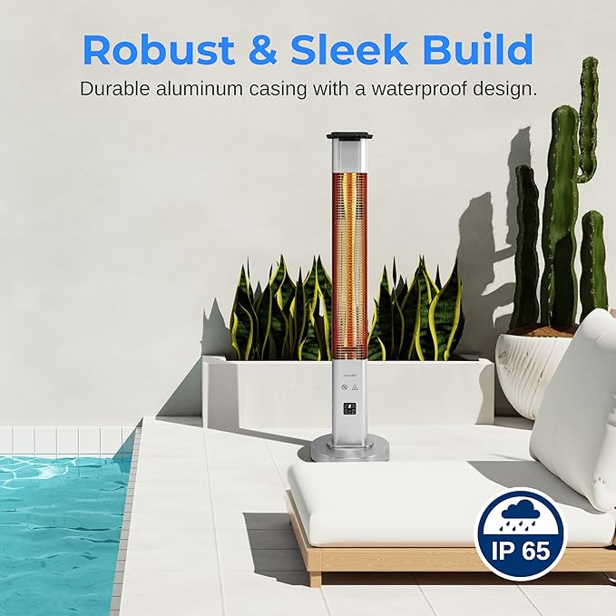SereneLife Outdoor Electric Patio Heater - 1500W High-Efficiency Infrared Heating, Remote Control Standing Heater with Aluminum Reflector, Waterproof Design, IP65 Approved, Quiet Operation