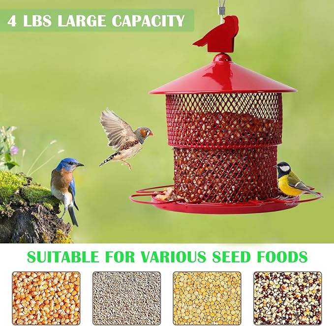 Metal Bird Feeder for Outside Hanging, Bird Feeders Squirrel Proof, 4 Lbs Large Capacity Tube Iron Mesh Wild Birdfeeder for Outdoor Finch Cardinal Chickadees -Red