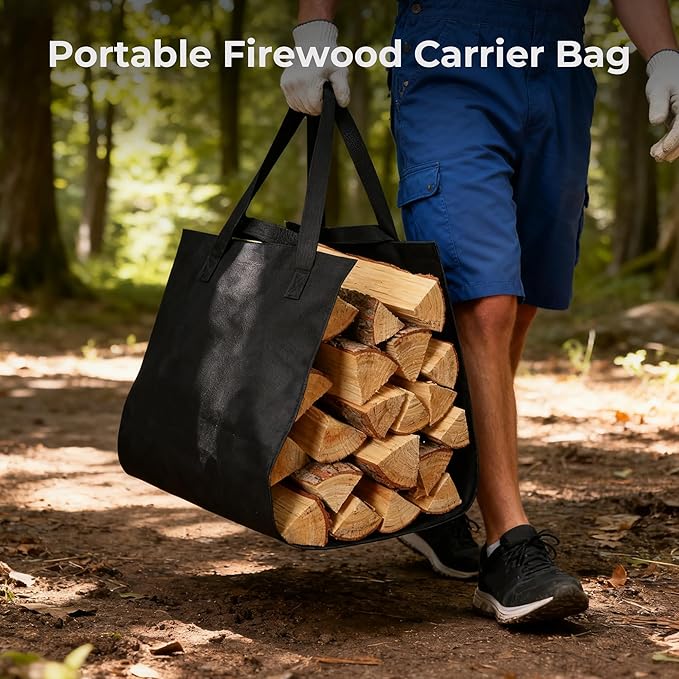 34 Inch Firewood Rack Outdoor with Log Carrier Bag, Indoor Fire Wood Holder, Metal Heavy Duty Log Holder, Rustproof Firewood Storage Tool for Fireplace Patio Deck
