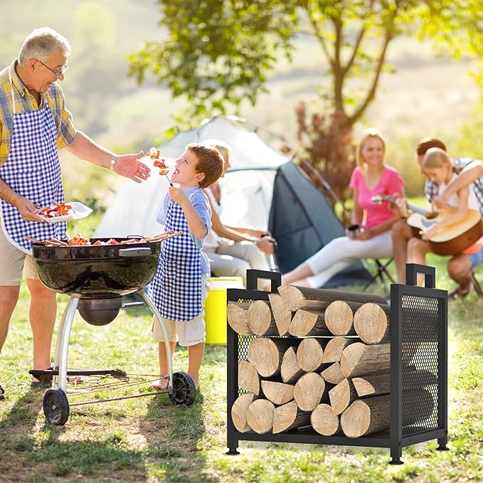 Firewood Rack for Indoor, Heavy Duty Fire Wood Racks Holder, 17.32" Metal Wood Storage Log Holder with Leather Carrier, Small Firewood Stand for Fireplace Patio Deck, Black