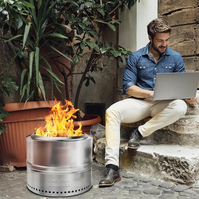Onlyfire Smokeless Fire Pit with Carrying Bag, 20” Portable Outdoor Fire Pit for Camping Tailgating Patio Backyard Bonfire Party, 360°Air Flow Wood Burning Fireplace, Stainless Steel