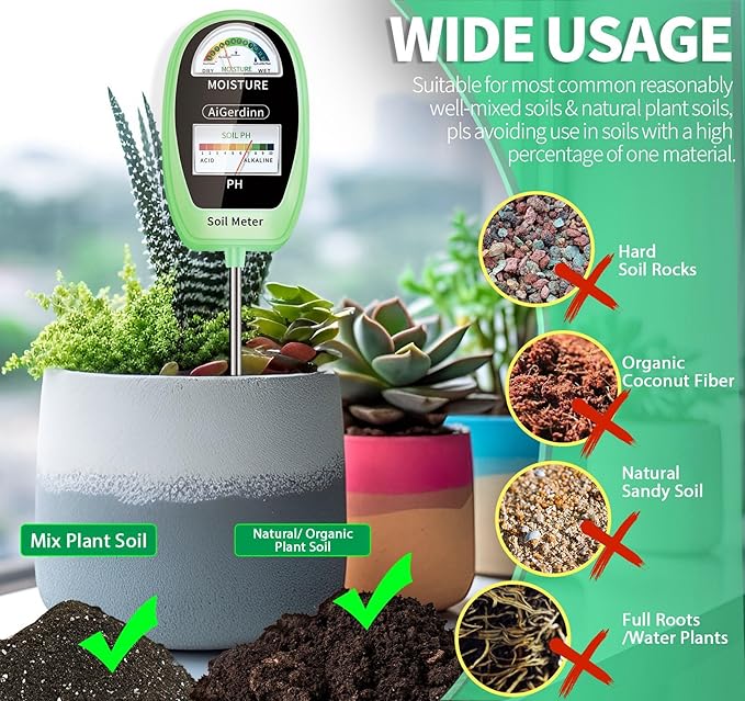 2-in-1 Soil Test Kit, Soil Moisture Meter, Soil pH Tester-Dual Dial-Simultaneously-Display Results-Soil pH Meter, Moisture Meter for House Plants,Lawn,Garden,Farm Indoor&Outdoor-BabyGreen