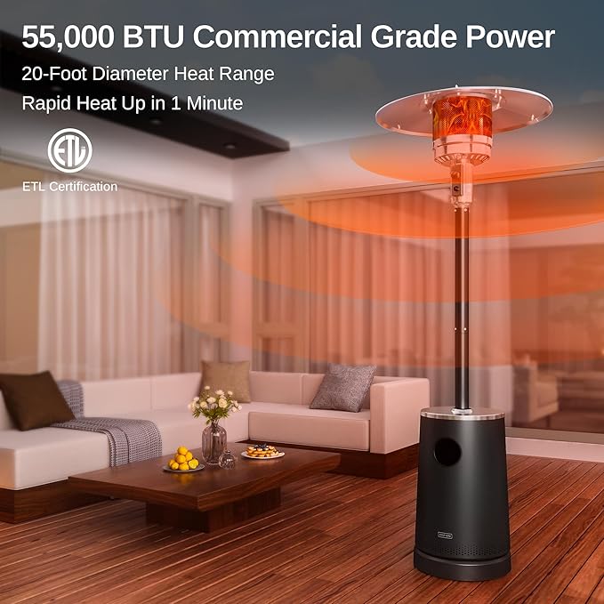 EAST OAK 55,000 BTU Patio Heater with Sand Box, Table Design, Thicker Stainless Steel Burner, Wheels, Triple Protection System, Propane Outdoor Heater for Home and Residential, Commercial Grade, Black
