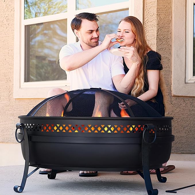 SUNCREAT Outdoor Patio Fire Pit with Mesh Spark Screen, 40" Portable Fire Pit for Camping, Black