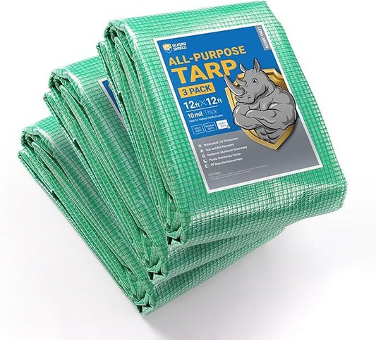 GUARD SHIELD Clear Green Tarp Heavy Duty 12x12 Feet Waterproof for Greenhouse Outdoor Garden Poly Cover UV Resistant 3x3 Weave 10mil (3-Pack)