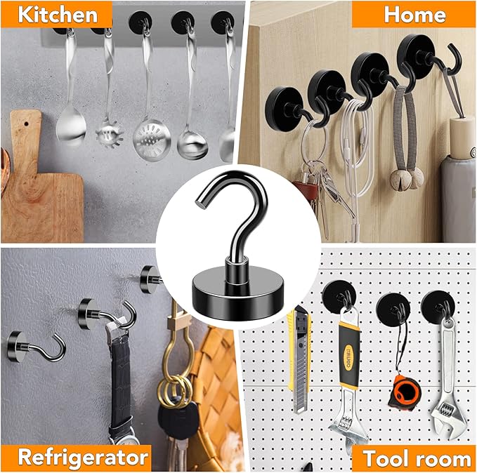 MIKEDE Magnetic Hooks, 40LB+ Heavy Duty Magnet Hooks for Cruise Cabins, Super Neodymium Hanging Hooks Black Strong Magnets with Hook for Fridge, Magnetic Hanger for Grill, Toolbox - Pack of 4