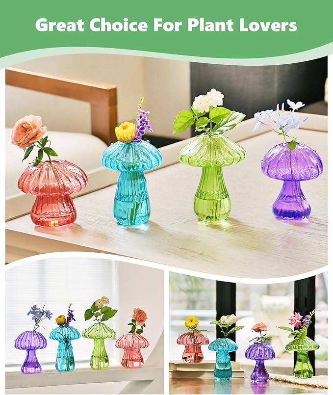 Nacome Mushroom Glass Propagation Station for Plants: Set of 4 Colored Vases Terrarium Kit for Home Office Indoor Hydroponics Decor - Birthday Gifts for Women Mom Grandma
