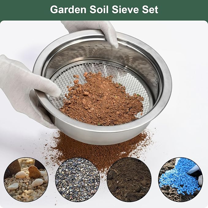 Soil Sieve Set Garden Soil Sifter Stainless Steel Mesh Sifter,Compost Sifter with 1,3,6,9,12mm Sieve Mesh and Bonsai Soil Scoop