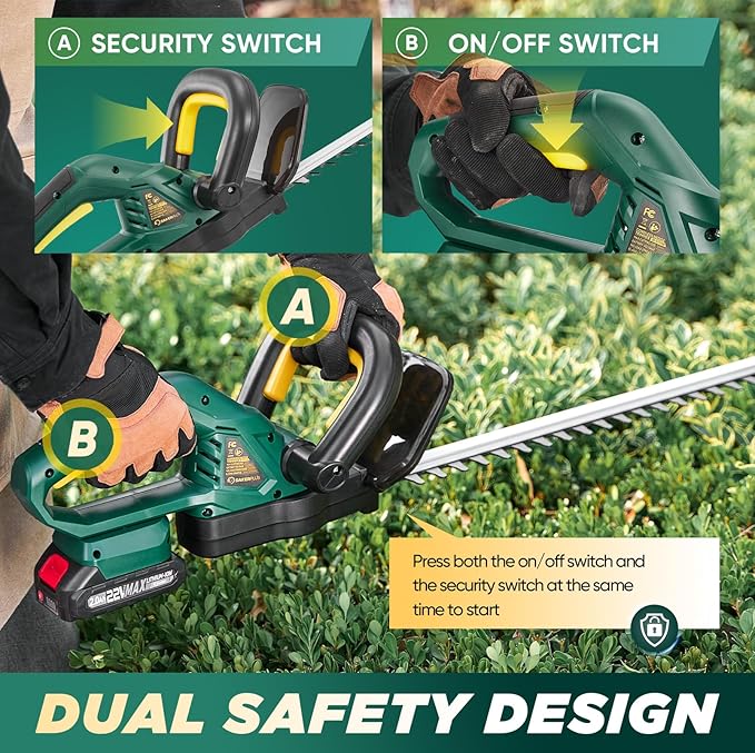 Cordless Hedge Trimmer, 22V Electric Bush Trimmer with 20” Dual-Action Blades, 3/5" Cutting Capacity, Lightweight Shrub Trimmer Handheld Hedge Cutter, 2 Batteries and Fast Charger Included