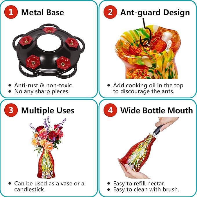 LUJII Hummingbird Feeders for Outdoors, Blown Glass Hummingbird Feeder for Outside Hanging with Ant Moat, Leak Proof & Anti Rust Metal Base, 25 fl.oz Capacity, Gifts for Bird Lovers or Gardeners, Red
