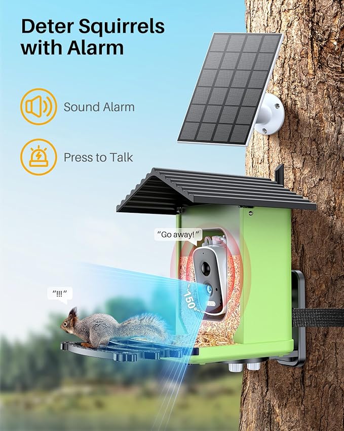 Bird Feeder with Camera, 2K HD AI Identify Smart Bird House Camera with Solar Powered, Live View, Instant Arrival Alerts, Auto Capture Video for Outside, Supports 2.4GHz Wi-Fi Only, Green
