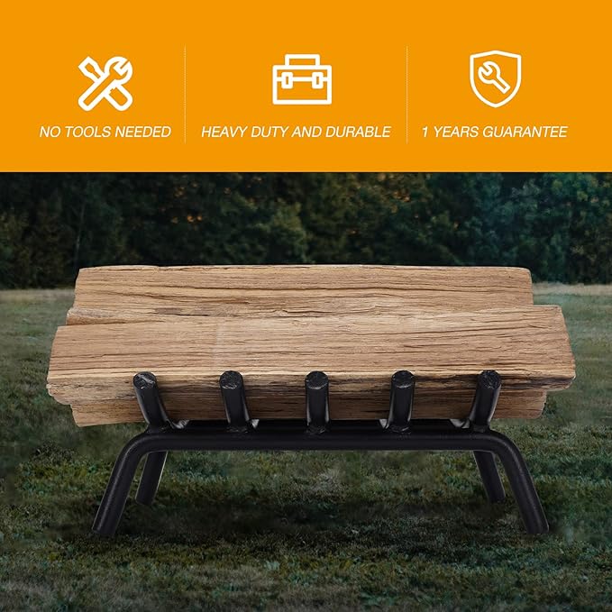Fireplace Grate 14 Inch Solid Round Steel 3/4" Bar -Heavy Duty Wrought Cast Iron Indoor Outdoor Firewood Stove Log Holder Rack Wood Burning Fireplace Accessories, Camping, Chimney, Hearth Tools