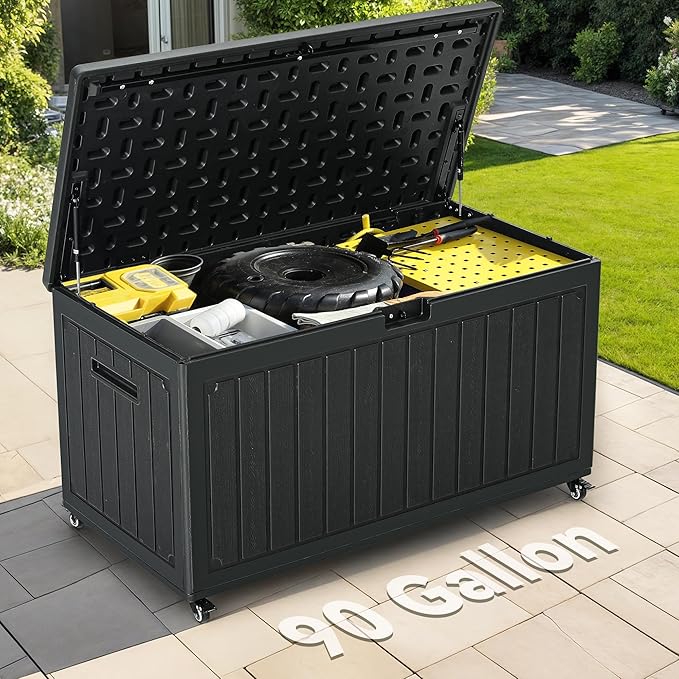 YITAHOME 90 Gallon Outdoor Storage Box with 6 Wheels, Large Double-Wall Resin Deck Box, Lockable Waterproof Outside Storage for Patio Furniture, Cushion, Pool Float, Garden Tool, Black