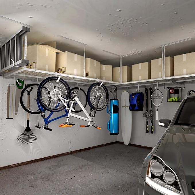 FLEXIMOUNTS 4x8 Overhead Garage Storage Rack, Adjustable Organization System, Heavy-Duty Metal Ceiling Racks, 2 pack, White