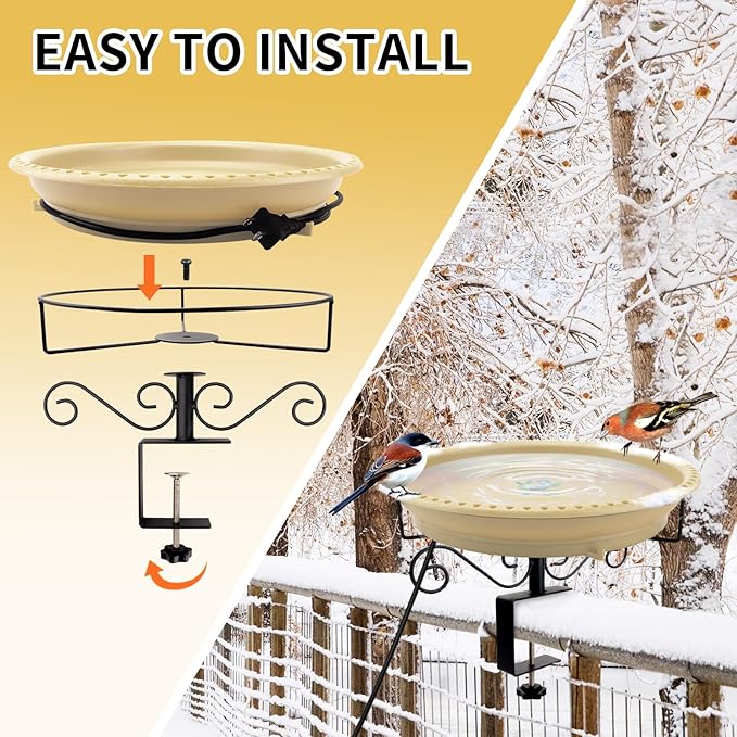 Lovppy Heated Bird Baths for Outdoors for Winter, 100W Heated Birdbath Water Heater with Thermostatically Controlled, Heated Bird Bath for Deck Railing Outside Garden Patio Yard (Khaki)