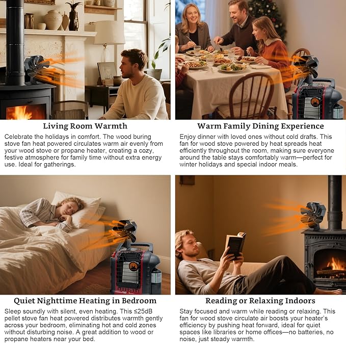 Wood Stove Fan Heat Powered, 6-Blade Thermoelectric Non-Electric Silent Operation Aluminum Fireplace Fan With Bracket Fixed On Propane Heater For Pellet Stoves Camping/Picnics/Indoor/Outdoor Black