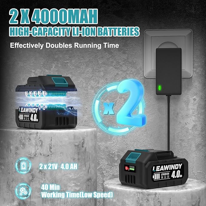 6 Speed Levels Electric Leaf Blower Cordless, 900000RPM Cordless Leaf Blower with 2 X 4.0Ah Batteries and Charger, Leaf Blowers 21V, Battery Lawn Blower for Patio Cleaning, Lawn Care, Blowing Leaves