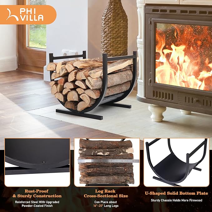 PHI VILLA 17 Inches Small Indoor/Outdoor Firewood Log Rack Log Hoop Bin Log Carrier for Firewood with Scrolls Fireplace Accessories,Decorative Black