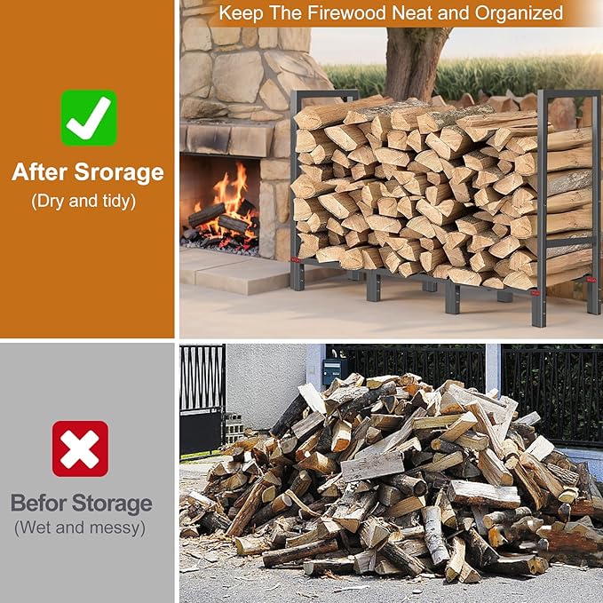 4FT Firewood Rack Indoor Outdoor, Firewood Log Rack Holder with 4 Reinforced Metal Sheets for Fireplace Wood Storage, Heavy Duty Metal Pile Log Stand Stacker Holder for Patio Outdoor