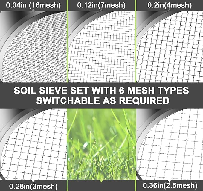 Bonsai Soil Sifter Set for Gardening - Soil Sieve with 5 Interchangeable Mesh (1mm, 3mm, 5mm, 7mm, 9mm), Garden Sifting Screen for Dirt, Sand, Rock, Filtration, Compost and Bonsai