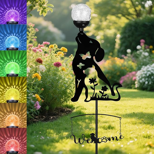 Solar Dog Light Outdoor Decorative,Metal Black Dog&Cat Silhouette Solar Garden Stake,Multi-Colored Changing Glass Ball with LED Light,Welcome Yard Sign Lawn Ornament Decor Gifts for Women