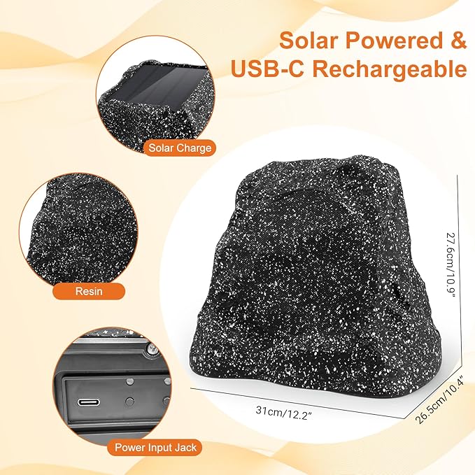 STUDIOFINIX 6.5" Outdoor Rock Speaker Waterproof Bluetooth Wireless Solar Powered with Rechargeable Battery for Patio, Deck, Pool, Garden(Single, Gray)