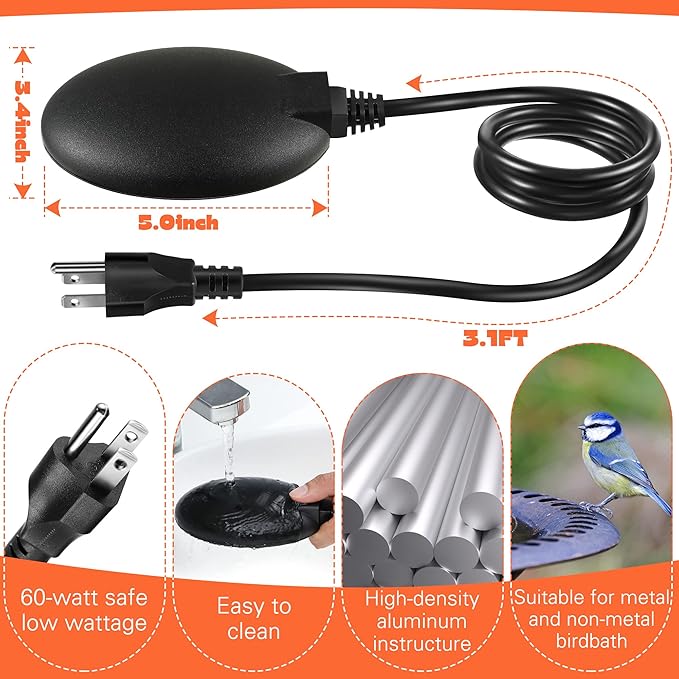 1 Pack Upgrade Bird Bath Heater for Outdoors in Winter, Pond Deicer 60 Watts Birdbath Deicer Water Heater Thermostatically Controlled with Auto Shut off Function for Patio Lawn (Black)