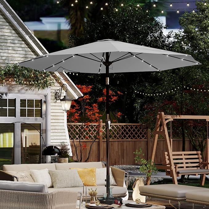 10FT Solar Umbrella 32 LED Lighted Patio Umbrella Table Market Umbrella w/Tilt and Crank, UV-Resistant Outdoor Umbrella for Pool, Garden, Deck, Light Gray
