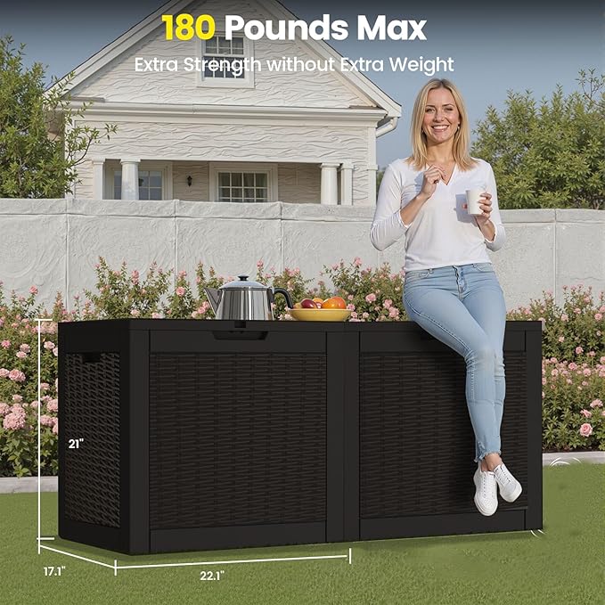 31 Gallon Outdoor Storage Box - Waterproof Resin Rattan Deck Bin for Indoor & Outdoor Use - Lockable & UV Resistant - Ideal for Package Delivery, Patio Cushions & Gardening Tools, Black