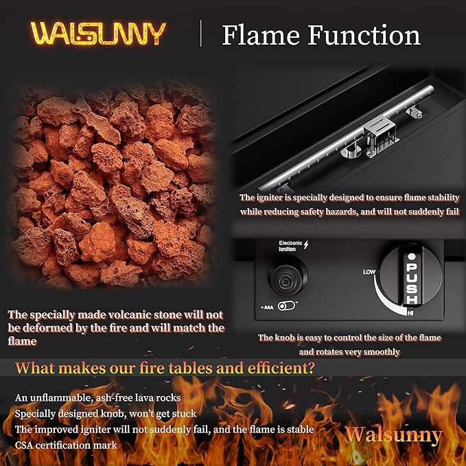 Walsunny 43 inch Outdoor Propane Fire Pit 50,000 BTU Gas Fire Pit Table with Lid, Waterproof Cover, Rectangle Gas Firepit Table for Garden/Patio, CSA Certification