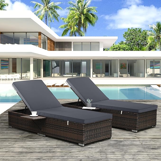 Outdoor Chaise Lounge Cushion Set of 2, Fadesafe Water-Repellent Lounge Deck Reclining Chair Cushions for Patio Furniture Lawn Pool Resort Hotel, 72x21x3 Inch, Dark Grey