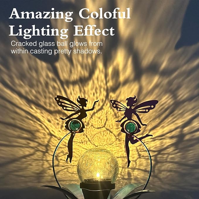 VCUTEKA Solar Lights Outdoor Metal Garden Stake Waterproof Crackle Glass Globe Garden Decor Fairy for Pathway, Lawn, Patio, Yard