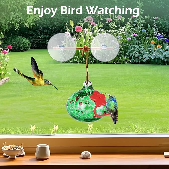 Window Hummingbird Feeder with Suction Cups,Hand-Blown Glass Hummingbird Feeders for Outdoors Window Mounted with Metal Hook,Close Bird Watching,Finch in Garden,Yard(Green)