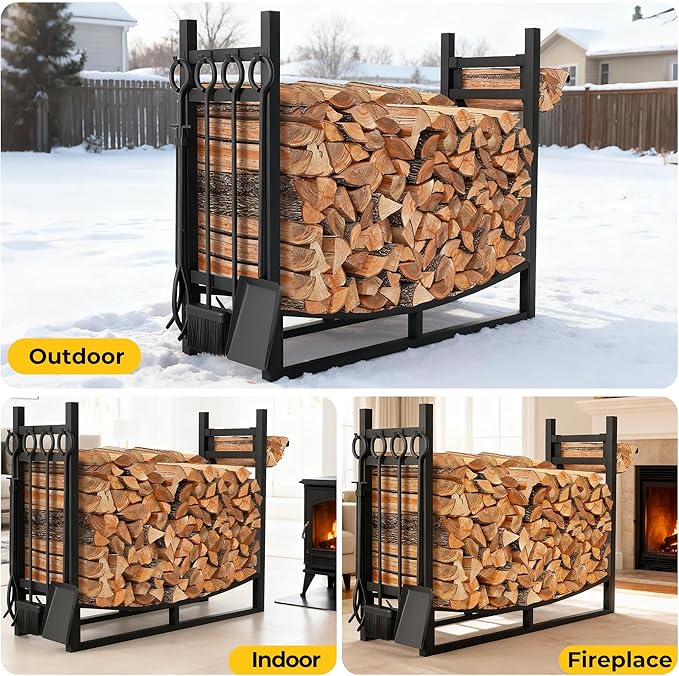 AMAGABELI GARDEN & HOME 30.7in Large Firewood Rack With Fireplace Tools Set Wrought Iron Indoor Outdoor Kindling Log Holder Heavy Duty Wide Wood Storage Log Rack Accessories Shovel Poker Tongs Broom