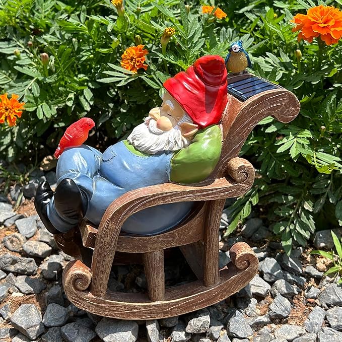 Solar Garden Gnome Statue Outdoor Decor, Patio Gnomes, Outside Yard Sculptures & Statues, Resin Figurines Gift for Women, Mom, Grandma