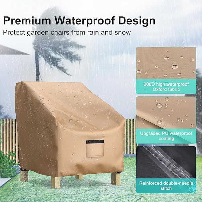 Patio Chair Covers for Outdoor Furniture Waterproof 2 Pack, Lawn Chair Covers 600D Heavy Duty Oxford Cloth, Large Covers for Lounge Lawn Deep Seat 33" W x 31" D x 31" H-Brown
