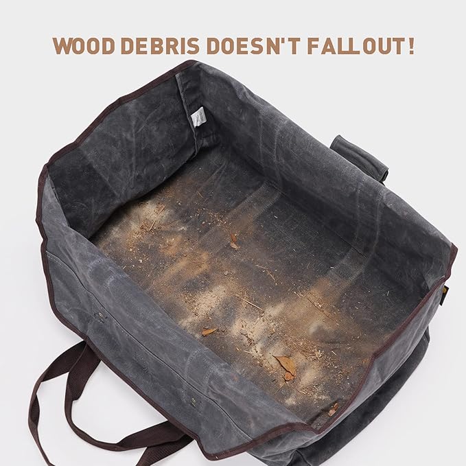 Waxed Canvas Log Carrier Tote Bag, Extra Large Durable Firewood Holder with Handles and Shoulder Strap, Heavy Duty Wood Carrying Bag for Fireplaces Grey