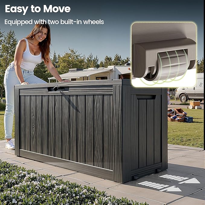 75 Gallon Outdoor Storage Box - Waterproof Resin Deck Box for Patio Cushions & Garden Tools - Lockable Indoor/Outdoor Storage Bin - Sleek Black Design