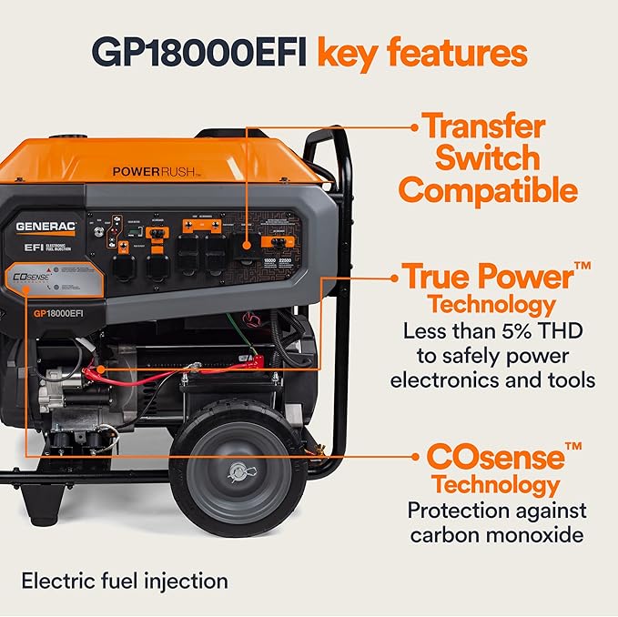 Generac 22,500/18,000-Watt Portable Gas Generator - Electric Start - Home Backup or RV Ready - Heavy Duty Frame - Quiet, Long Runtime, Emergency Power - 49-State Compliant