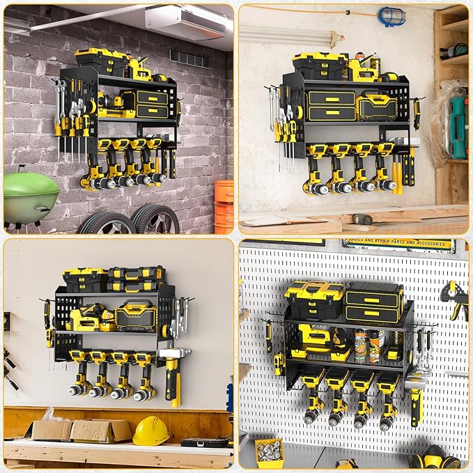 SPACECARE Power Tool Organizer, Drill Holder Wall Mount with 2 Side Pegboards with Hooks, 3 Layer Garage Organization Heavy Duty Tool Organizers Utility Rack for 4 Drill Holders Black