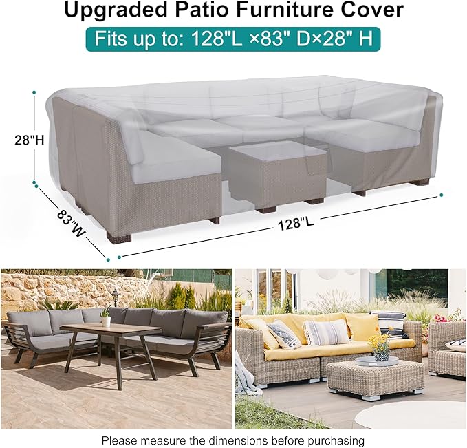Patio Furniture Set Cover Waterproof, Heavy Duty 600D Funiture Covers for Outdoor Sectional Sofa Set Wicker Rattan Table Chair Rectangular,128" L×83" W×28" H,Grey