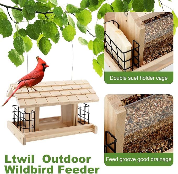 Wood Bird Feeders for Outdoors - Large with 2 Suet Cages, Waterproof for Garden Decoration